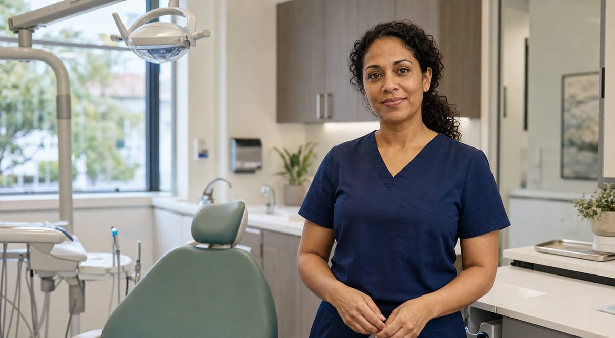 Fictional dentist Dr. Lena Ortiz in a bright treatment room